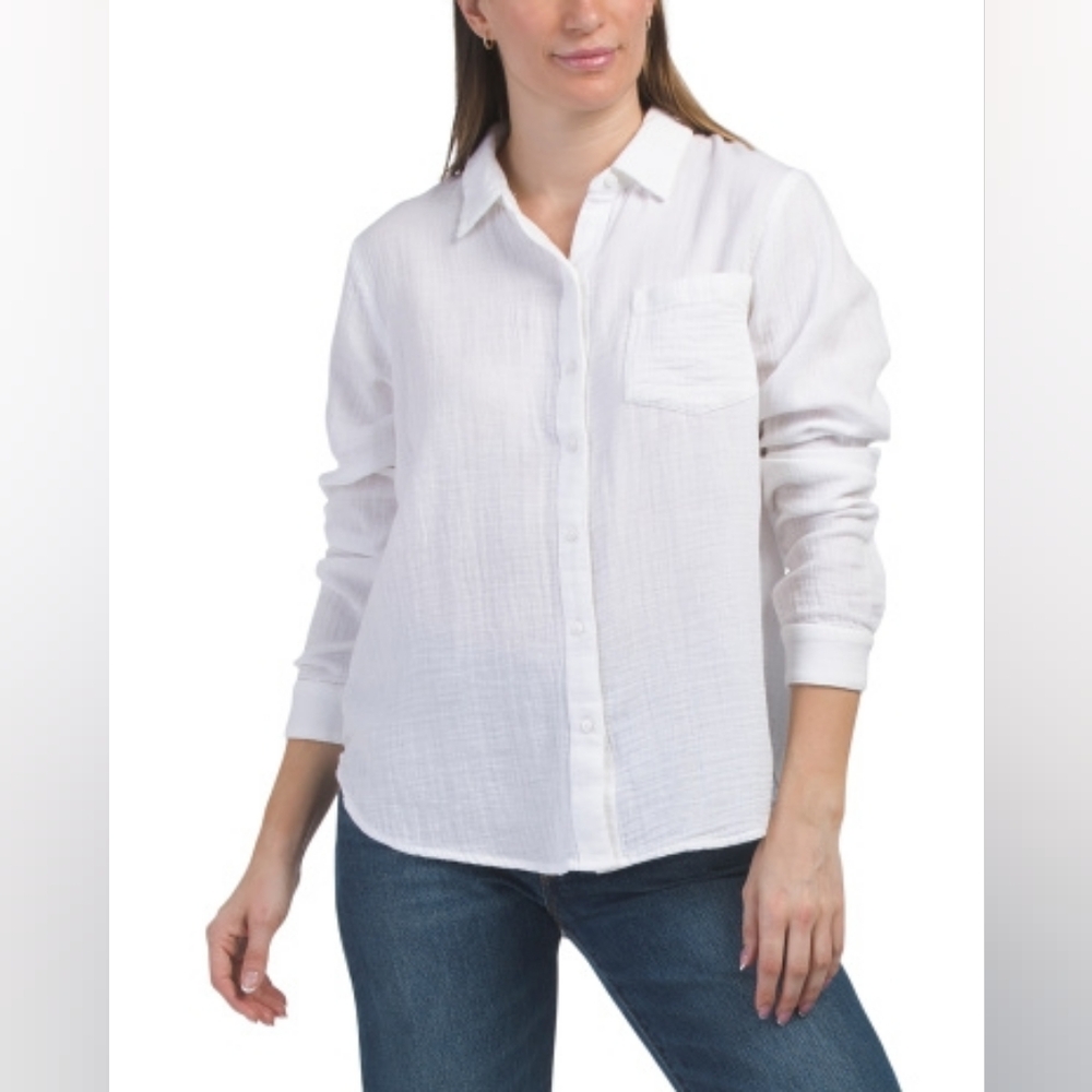 NWT - Lucky Brand Soft Cotton Bright White Button Up Long Sleeve Shirt - Size L